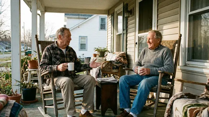 Two men in their sixties talking over mugs of coffee on a front porch in the early morning