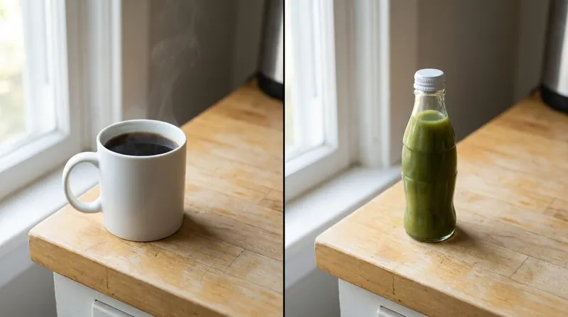 Split image with a mug of black coffee on the left and a small green bottle on the right, on the same kitchen counter
