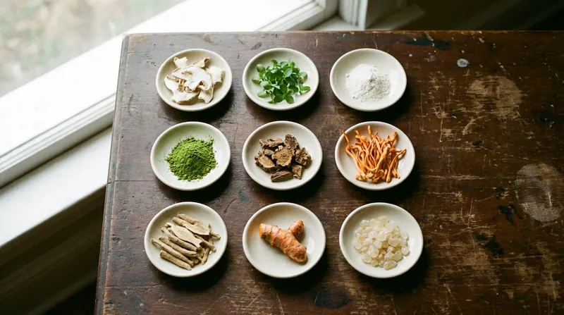 Nine small white dishes of raw ingredients including mushroom pieces, green leaves, matcha powder, roots and turmeric on a dark wooden table