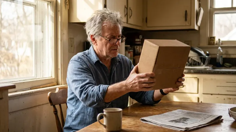 A man in his sixties with reading glasses studying the side panel of a small box at his kitchen table