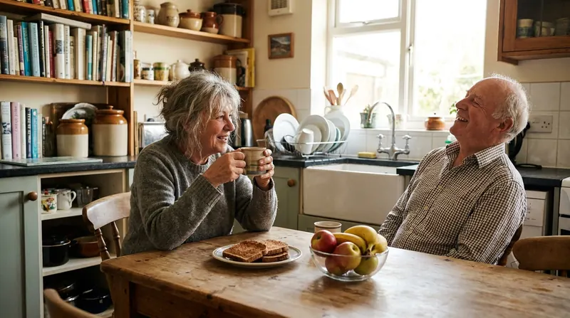 An older couple talking and laughing over toast and coffee at their kitchen table in the morning