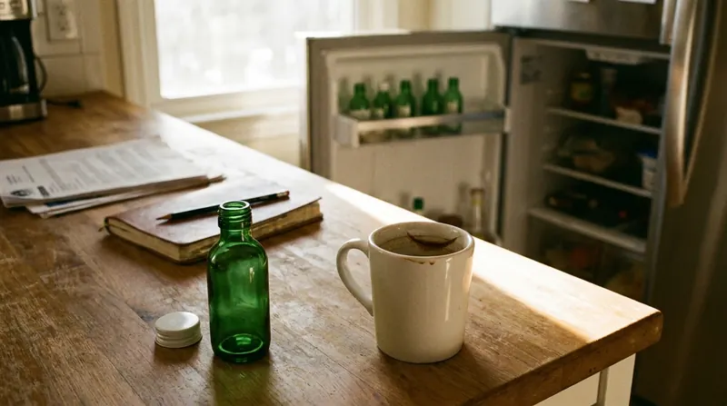 A kitchen counter with an empty green bottle, an empty coffee mug, a closed notebook with a pencil and an open fridge showing more bottles