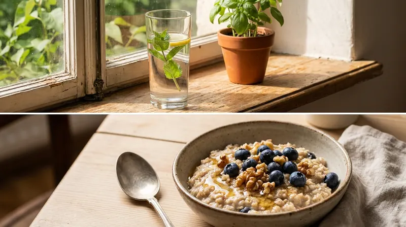 Split image of a glass of water on a sunny windowsill above a bowl of oatmeal with blueberries and walnuts