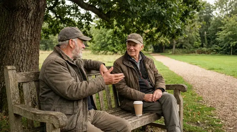 Two friends in their sixties talking on a park bench under a shade tree, one holding a paper cup of coffee