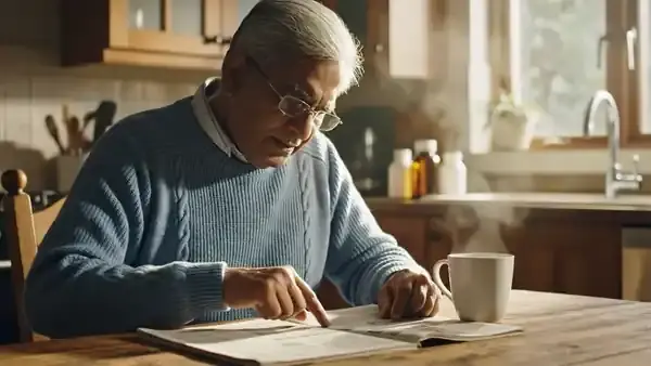 A man in his sixties at a kitchen table moving his finger back to the top of a newspaper column to read it again