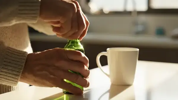 A man's hands twisting the cap off a small green bottle and tilting it toward the light beside a mug