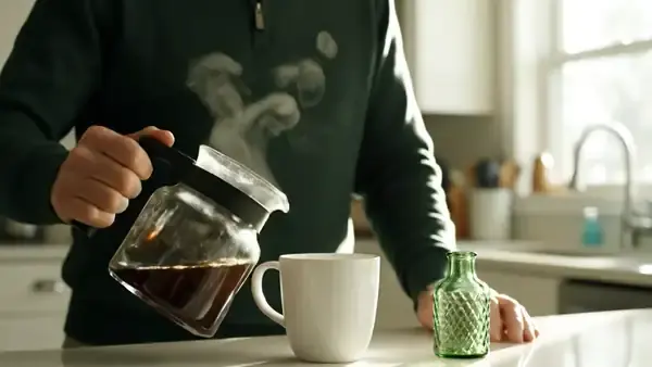 A man in his sixties pouring coffee into a mug beside a small empty green bottle on a kitchen counter