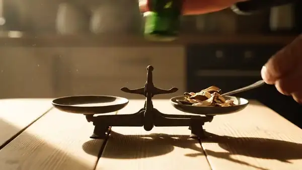 A man's hands setting a small green bottle on one side of a kitchen scale and heaping dried mushroom into a dish on the other