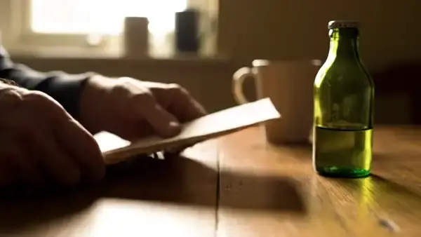 A man's hands running a finger down a printed page to one line and tapping it beside a small green bottle