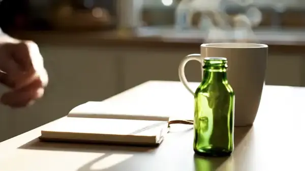 A man's hands writing a line in a small notebook beside a mug of coffee and a small empty green bottle