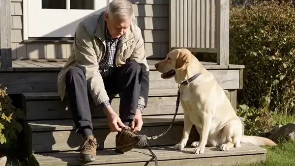 A man in his sixties tying his walking shoes on the back steps and clipping a leash to his dog for a morning walk