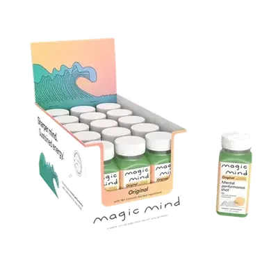 A box of fifteen Magic Mind Original bottles beside one small green bottle
